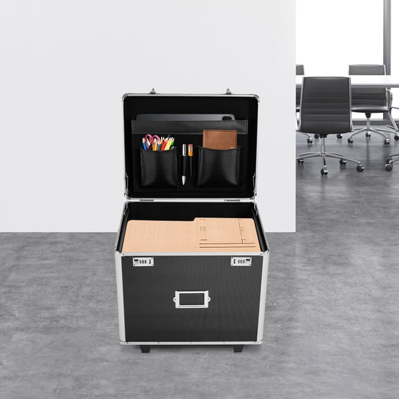 ToppiJoy Portable Mobile File Box, Hand Pull Locking Business Case with Handle Wheels for Office Documents Black