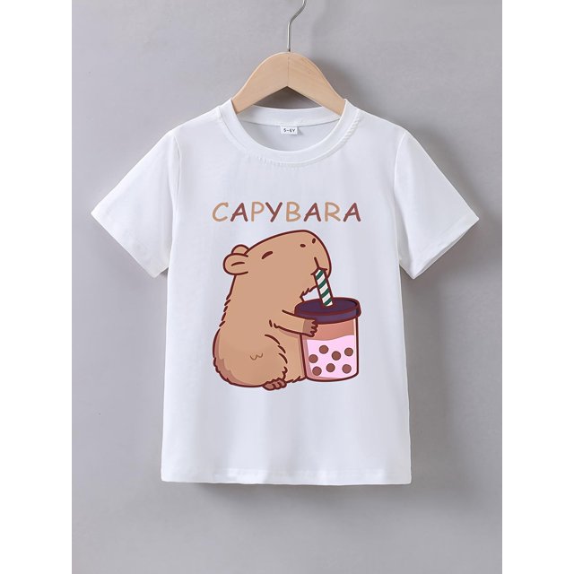 Girls' Cute Capybara Milk Tea Graphic T-Shirt - Soft Cotton & Spandex Blend, Casual Summer Short Sleeve Crew Neck Tee for Youngsters