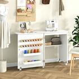 Kepooman Office Desks,Sewing Tables,Folding Sewing Table with Storage Shelf and 5 Lockable Wheel-White