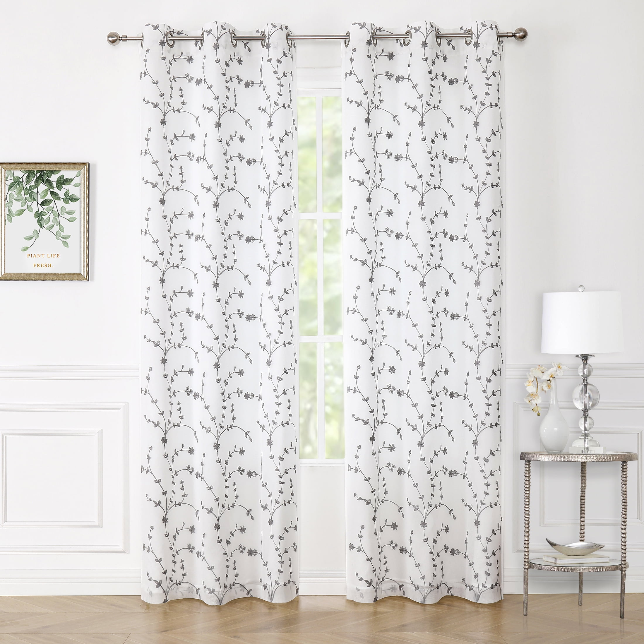 Pinewave Semi Sheer Gray Leaf Curtains Embroidery Floral White Drapes, 2 Panels