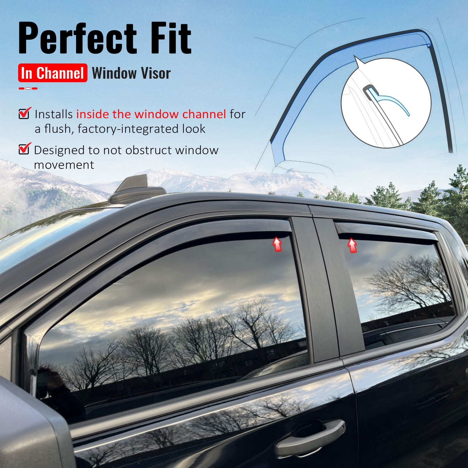 Ikon Motorsports In-Channel Window Visors Shades Vent Rain Guards for 2019-2026 Chevy Silverado GMC Sierra 1500 & 2022 1500 LTD 1500 Limited Crew Cab