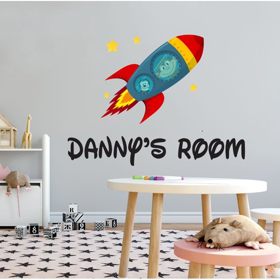 KIDS ROOM - Removable Kids Playroom Space Ship Rocket Animal Pilot Commander Decoration Monkeys Apes Design Multicolored Vinyl Customized Name Wall Decal 10" x 7"