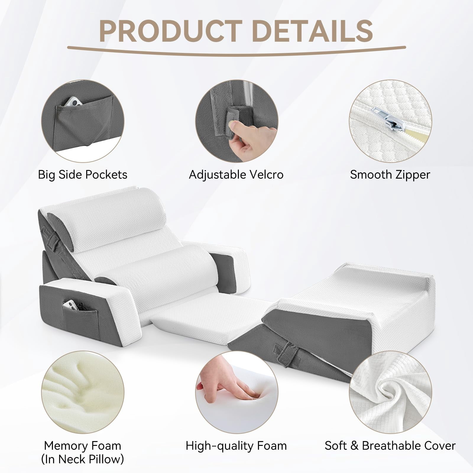 9pcs Bed Wedge Pillow Set For Sleeping  And Leg Foam Body Triangle Adjustable Support - Acid Reflux Pillows Grey