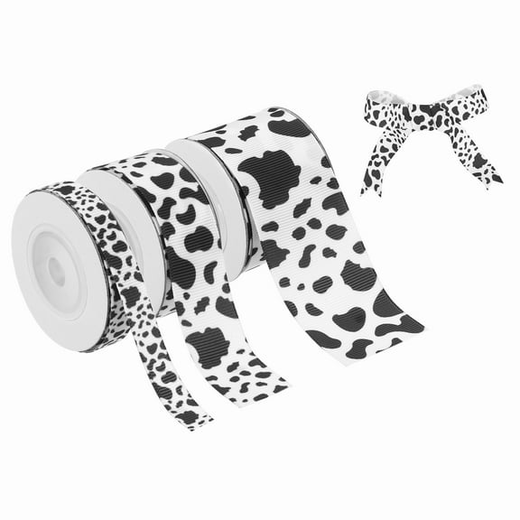 3 Rolls Cow Print Ribbon Set, 15 Yards Grosgrain Animal Print Ribbon, 0.4/0.9/1.5" Width Black White
