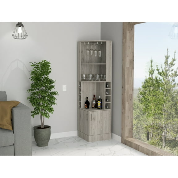 Light Gray 8-Bottle 2-Shelf Bar Cabinet, Freestanding, Storage Shelves Included, Particle Board
