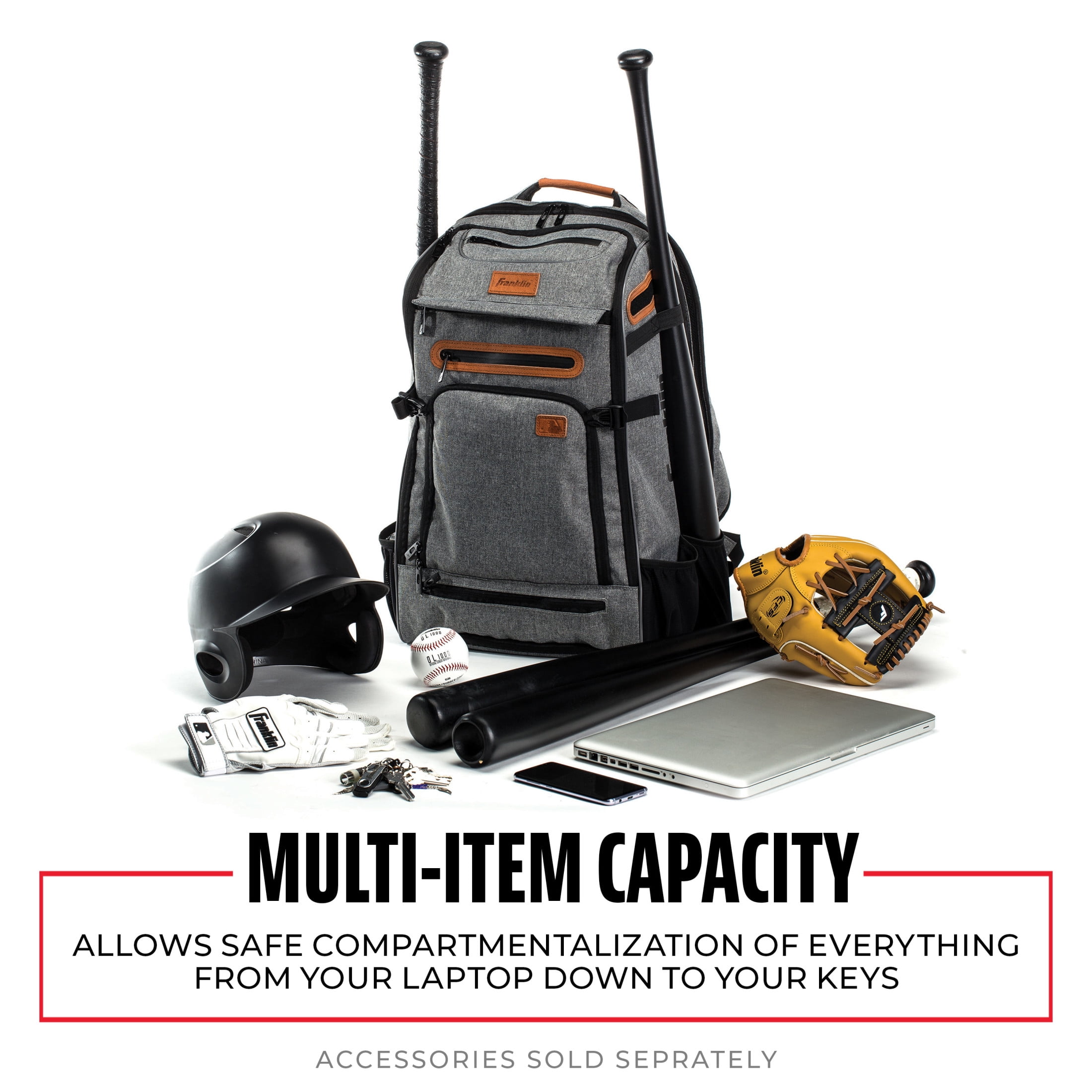 Franklin Sports MLB Traveler Elite Baseball Backpack - Adult + Youth Baseball Bag - Gray
