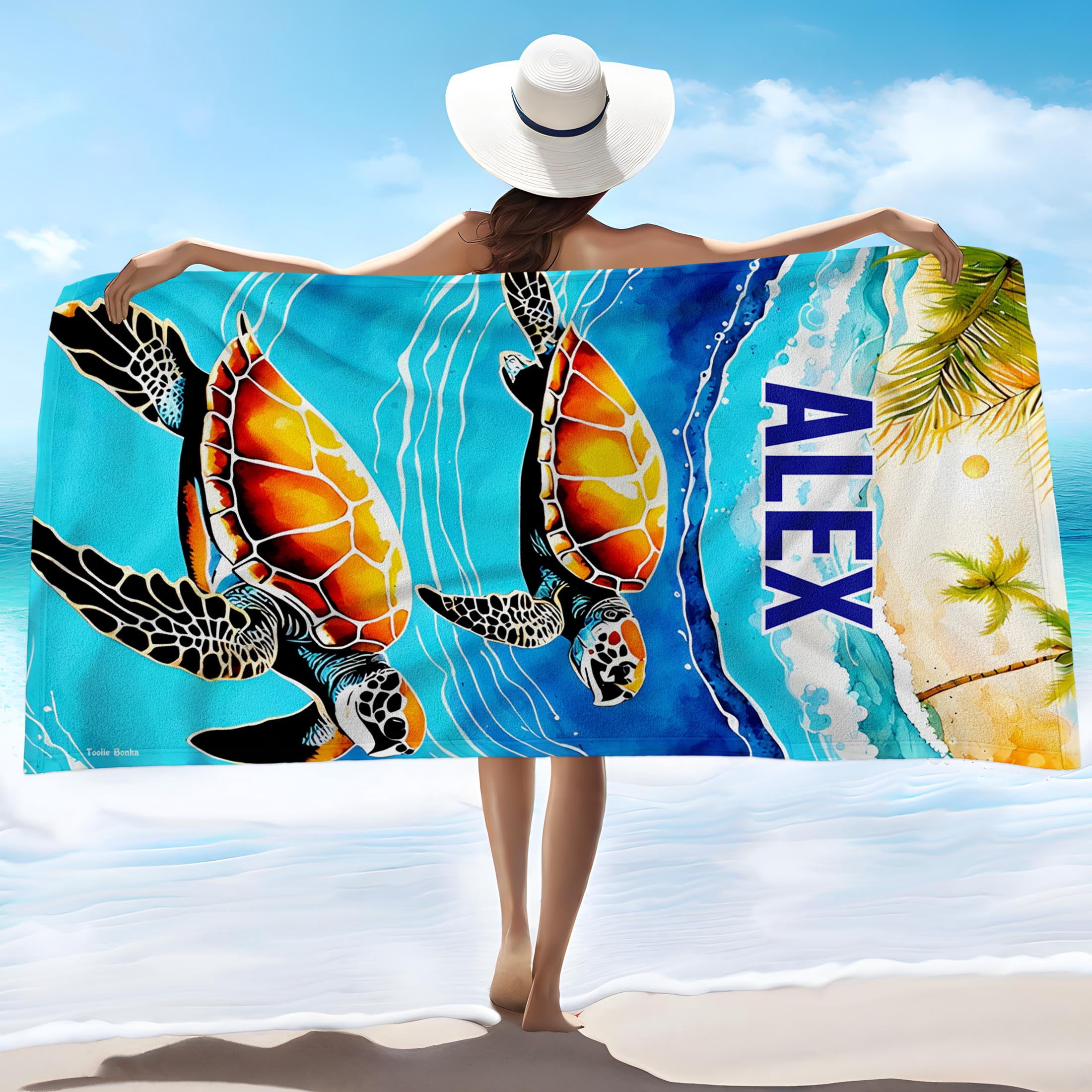 Toolie Bonka Personalized Tropical Sea Turtle Beach Towel for Boys, 30×60 Dual sided Polyester & Cotton gift towels for kids