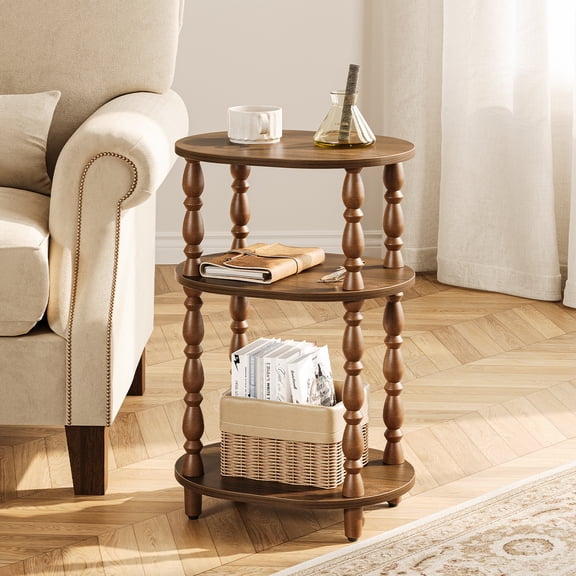 Maliowa 3-Tier Small Side Table, Oval End Table with Spindle Legs, Accent Night Stand with Storage Shelf for Living Room Bedroom Narrow Spaces, Walnut
