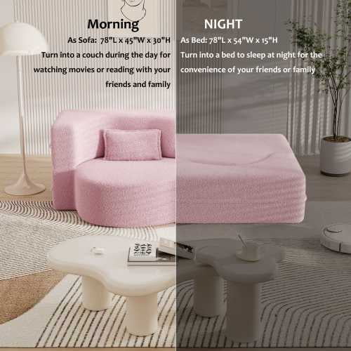 78" Convertible Floor Sofa with 2 Pillows, Sherpa Fleece Foam-Filled Sleeper Bed, Pink