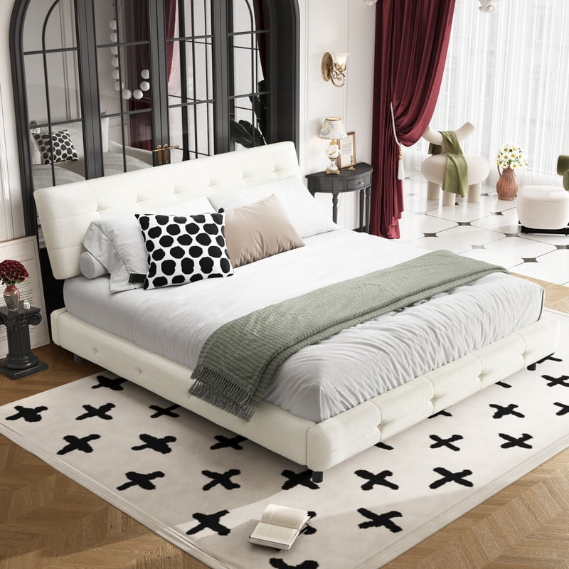 TICOZE King Size Bed Frame with Extra-Large Cloud Pillow Headboard, Chenille Upholstery and Hybrid Metal-Wood Support System in Beige/White