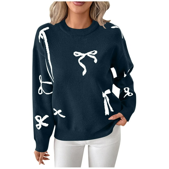 FRSASU Chandail d'Hiver pour Femmes à Manches Longues Col Rond en Tricot Grande Taille Mignon avec Nœud Marine m(m)