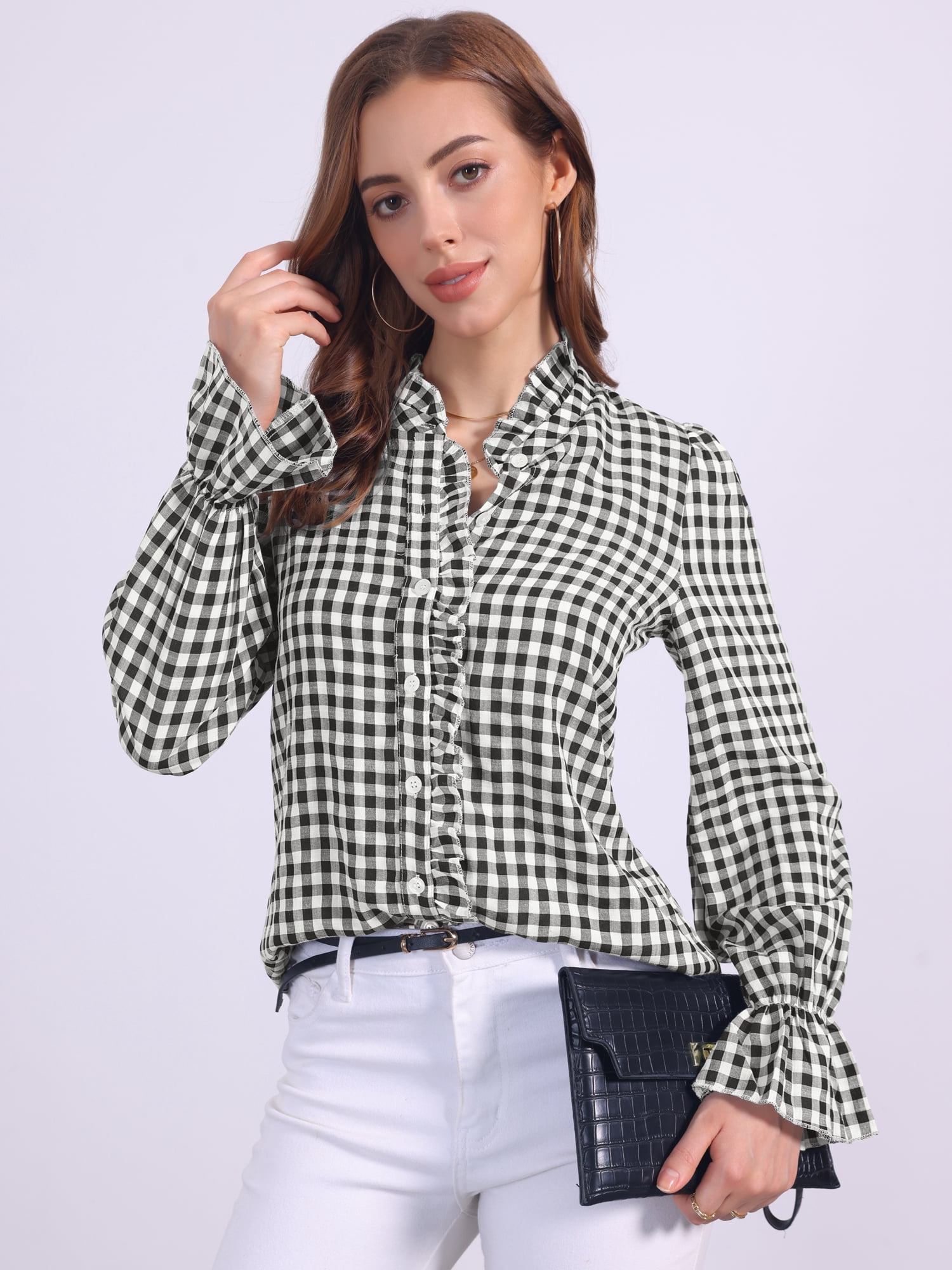DARING DIVA Women's Gingham Ruffle V Neck Button Front Long Sleeve Blouse XL Black