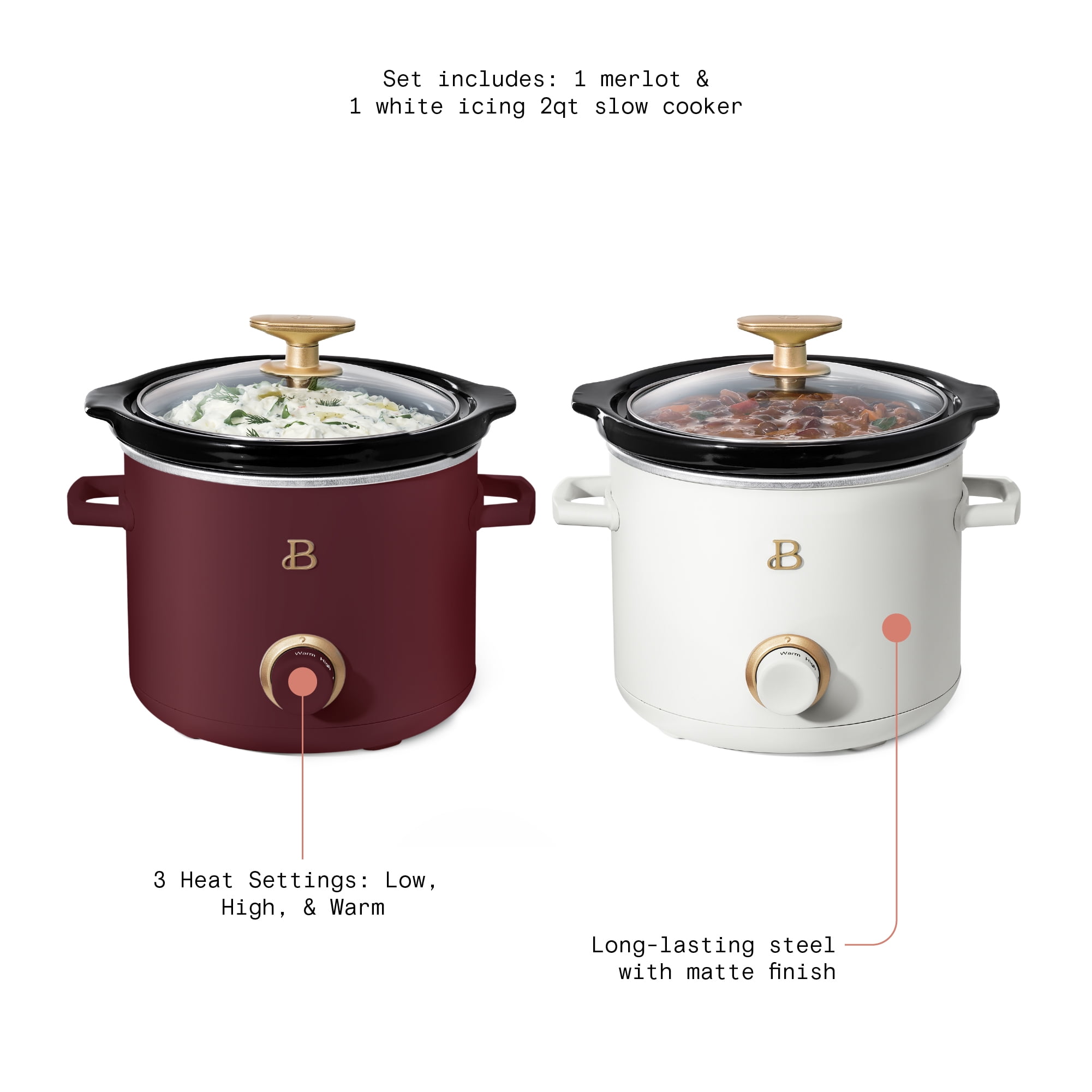 Beautiful 2 qt Slow Cooker Set, 2-Pack, White Icing and Merlot by Drew  Barrymore, 19340, 100 W 