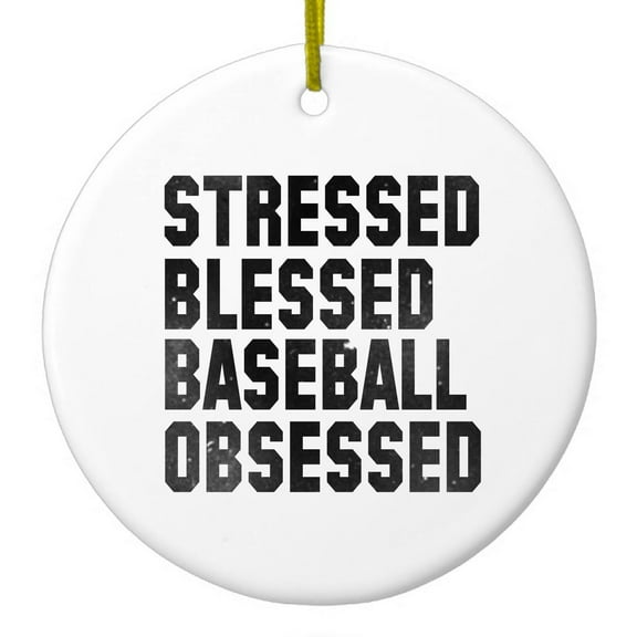 DistinctInk Hanging Ceramic Christmass Tree Ornament with Gold String - Great Gift / Present - 2 3/4 inch diameter - Stressed Blessed Baseball Obsessed