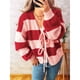 thumbnail image 4 of Chaqueta de Punto Holgada Informal con Cuello en V y Larga para Mujer, Cárdigan de Punto con Cordones y Rayas en Contraste. Rojo M, 4 of 9