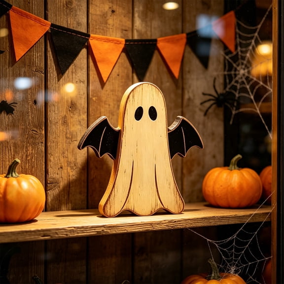 Cute Wooden Halloween Ghost Figurine Hand Carved with Candle Tabletop Decor for Home and Office Display
