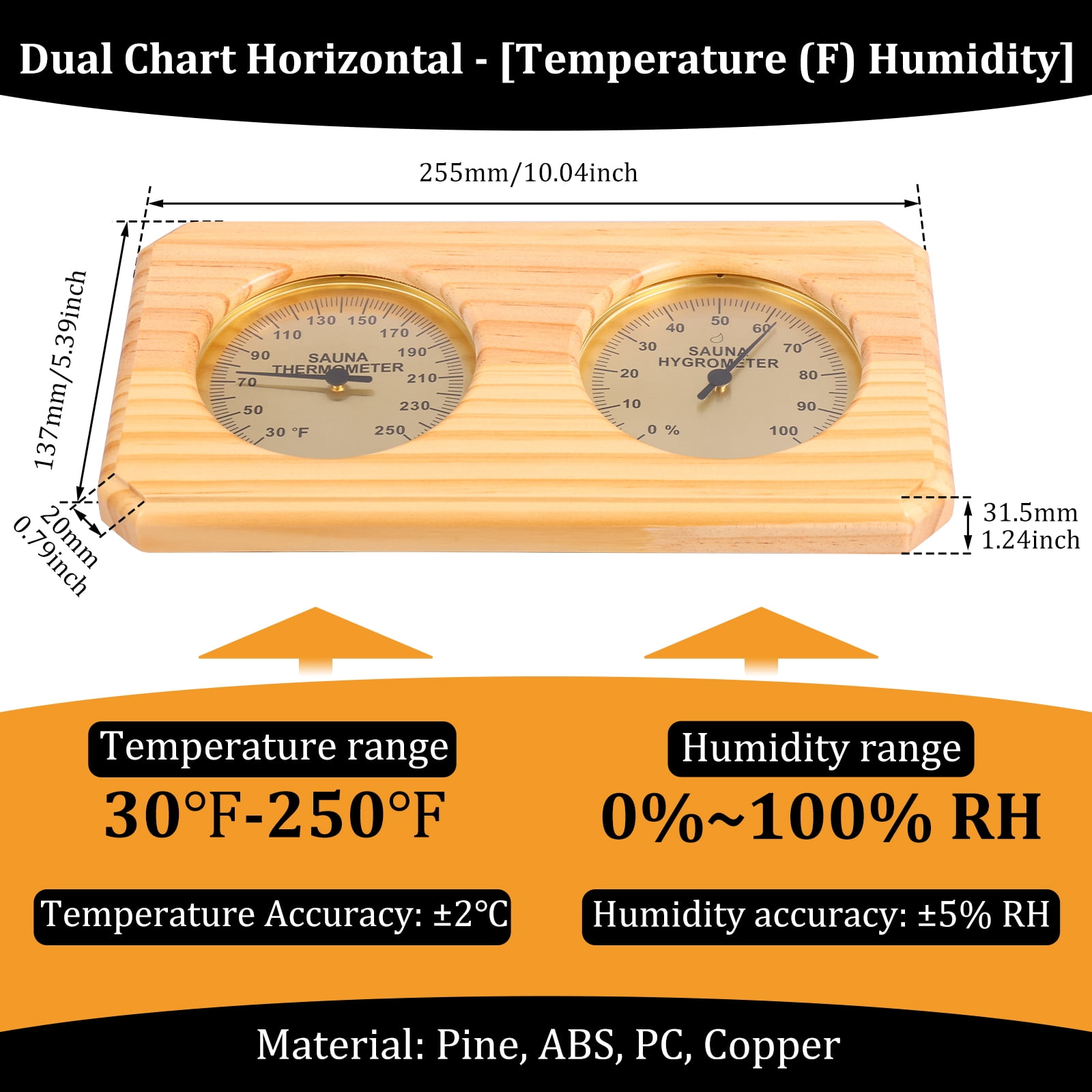 2 in 1 Sauna Thermometer and Hygrometer Wall Mount Design Dual Temperature and Humidity Gauge Split Dial Design for Sauna Room