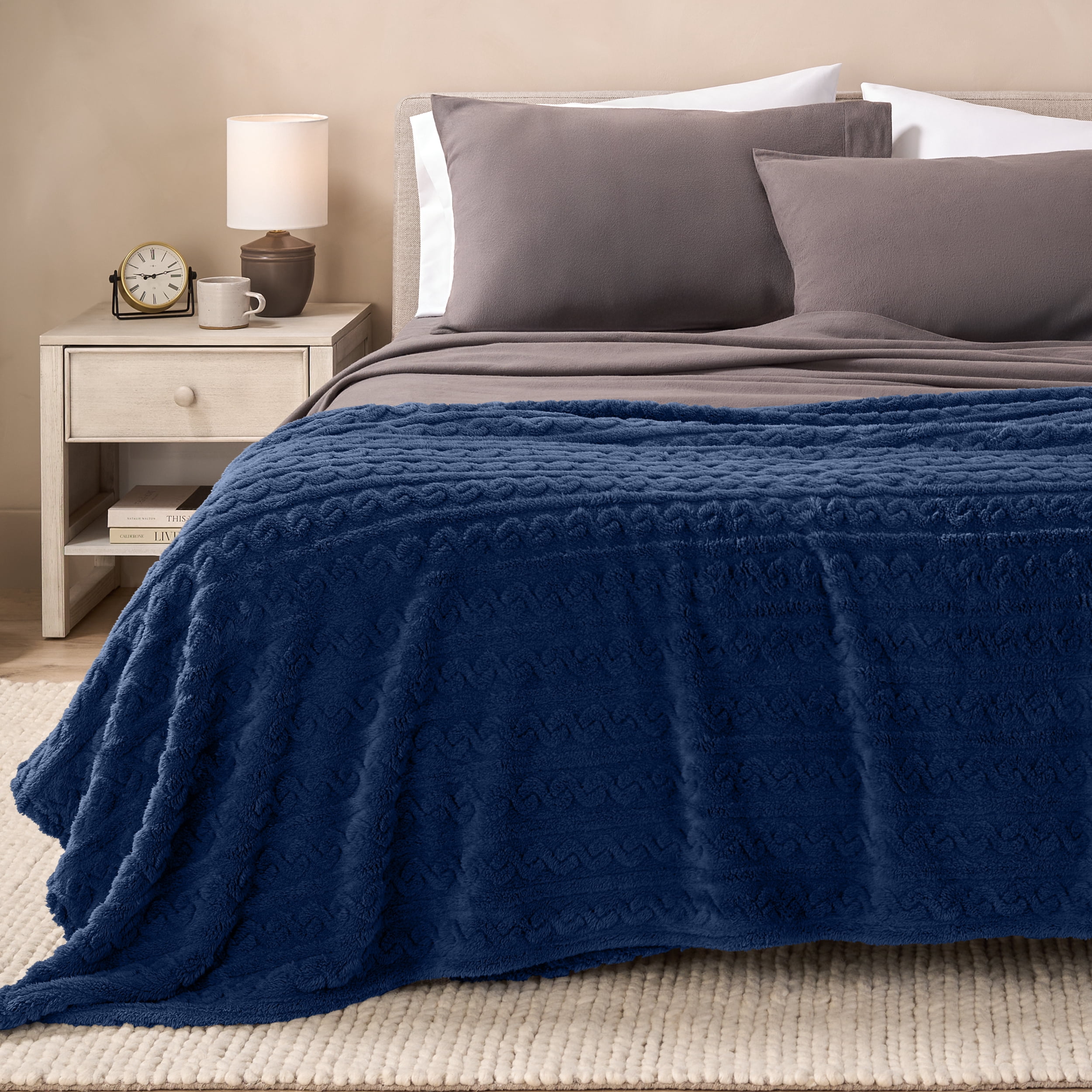 Bare Home Faux Shearling Blanket - Fluffy & Soft - Lightweight - King, Dark Blue - Cable