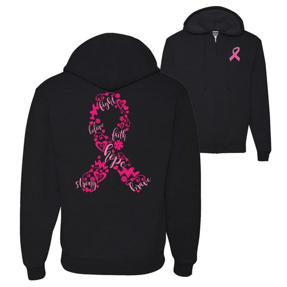 Wild Bobby Breast Cancer Awareness Breast Cancer Ribbon Love Hope Front and Back Graphic Zip Up Hoodie Sweatshirt, Black, Small