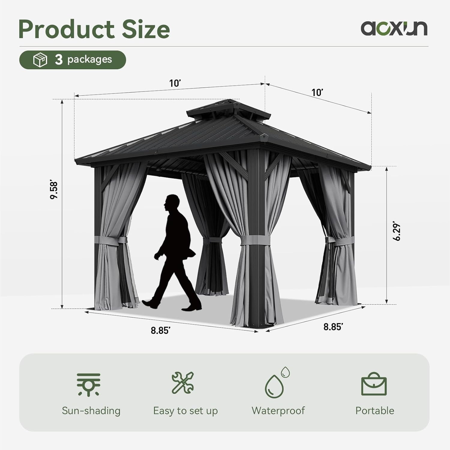 Aoxun 10'x10' Hardtop Gazebo, Aluminum Frame Canopy with Double Galvanized Steel Roof, Outdoor Metal Pavilion with Netting, Curtains for Backyard, Patio and Deck