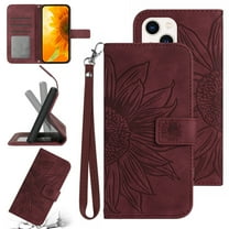 Feishell Slim Wallet Case for iPhone 13 mini,for Men Women,Sunflower Embossed Pattern PU Leather Flip Cover Magnetic Closure Folio Card Slots Kickstand Phone Case with Hand Strap,Winered