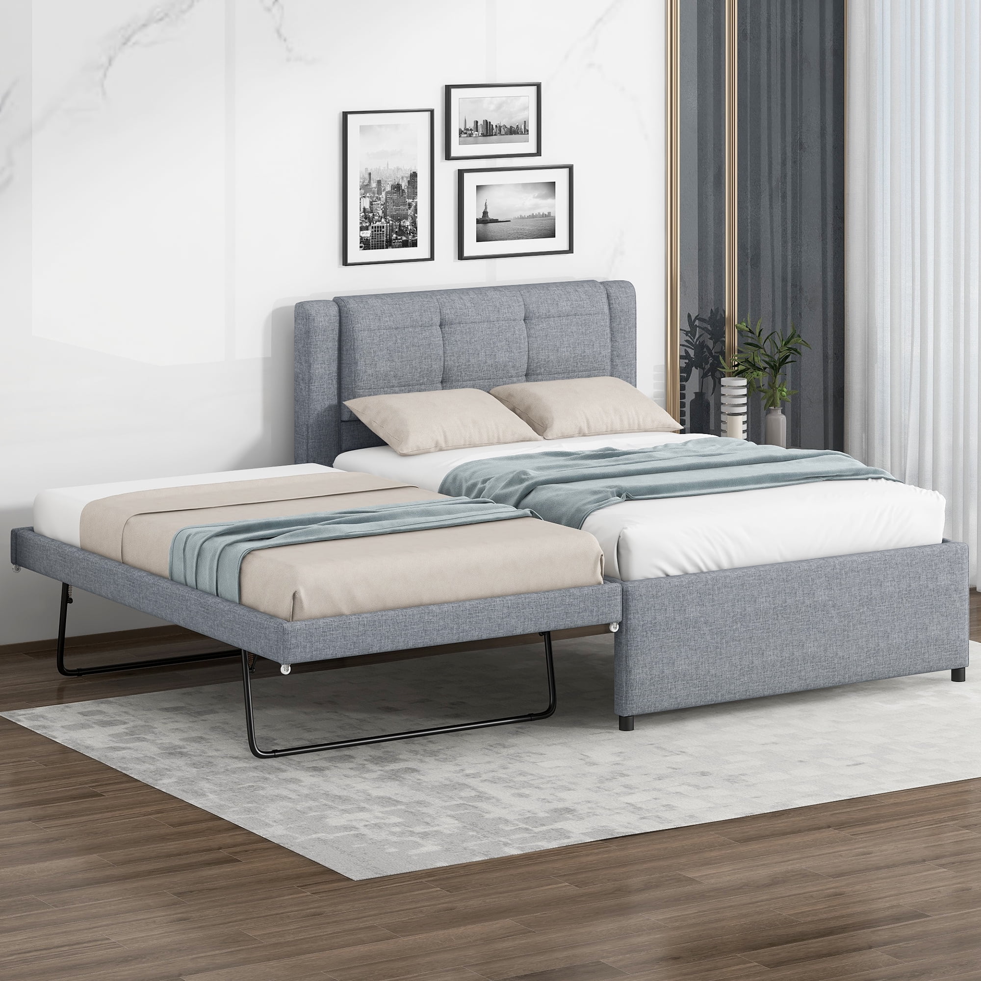 Euroco Upholstered Twin Platform Bed with Pop-up Twin Trundle for Bedroom, 2 Beds in One, Gray