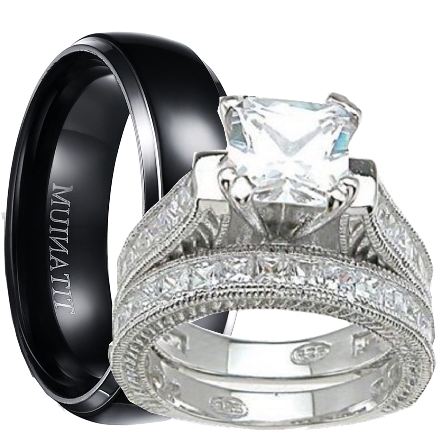 TVS-JEWELS White Gold Plated 925 Sterling Silver His & Her 3-pcs Wedding Ring Set Rd Cut Black CZ 