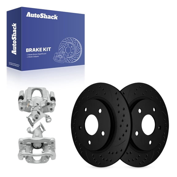 AutoShack Rear Solid Drilled & Slotted E-Coated Brake Rotors Black Finish   Calipers 4-PC Brake Kit Replacement for 2009-2012 Dodge Journey NightGuard 12.01" (305 mm)