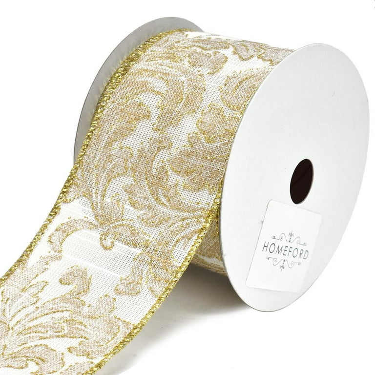 Chiara Wired Ribbon (Ivory/Gold), 2.5 inch x 25 yards-WCHORU