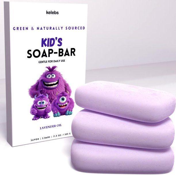 KELEBS Barra de jabón hipoalergénica para niños, paquete de 3, gel de baño orgánico y suave con aceite de lavanda para niños, ingredientes naturales, hora divertida del baño