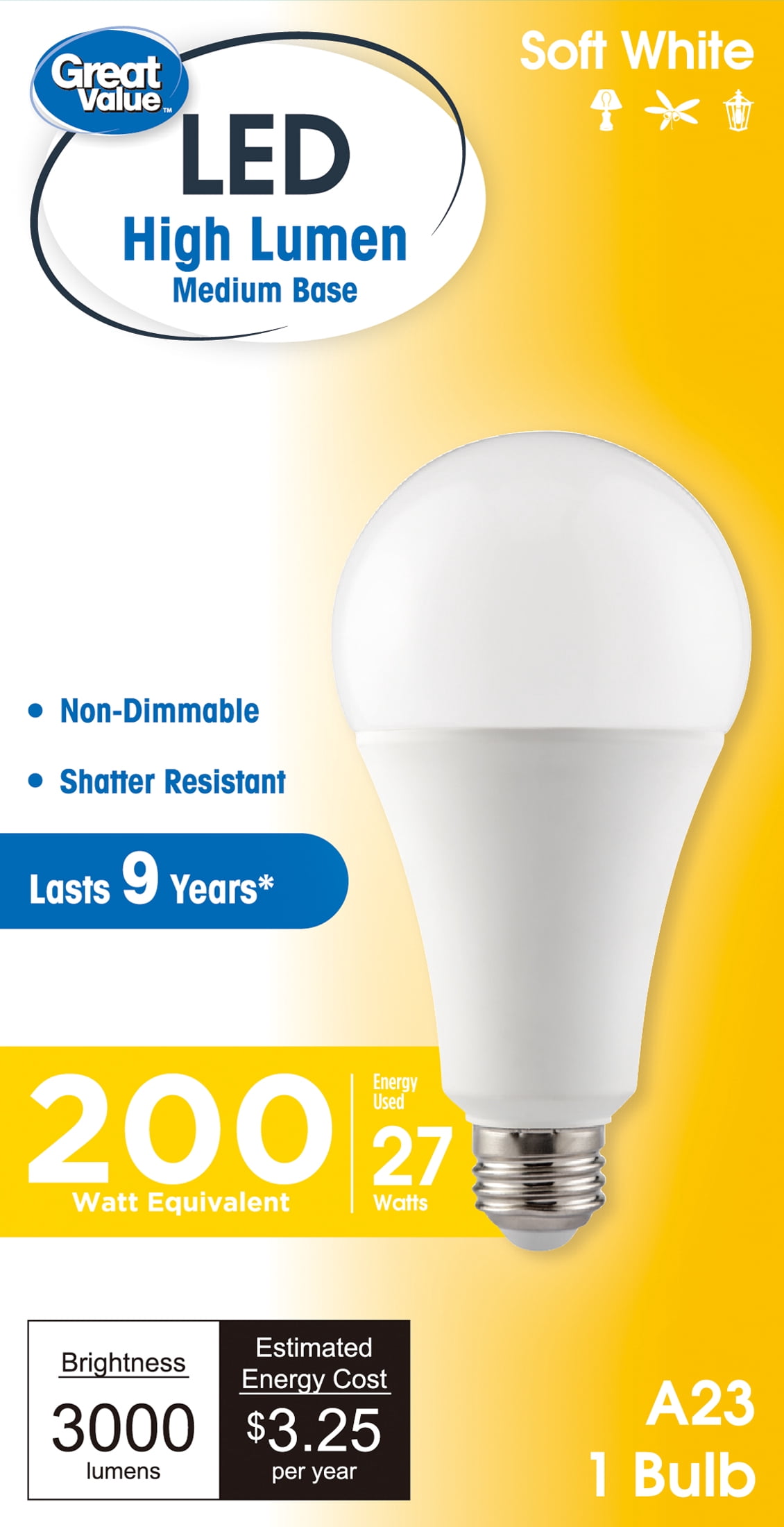 (2 pack) Great Value High Output A23 LED Light Bulb, 27-Watt (200W Equivalent), Soft White, E26 Medium Base