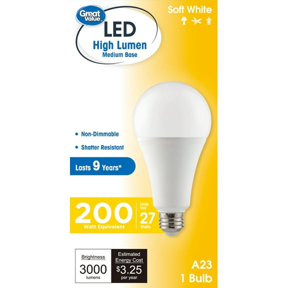 Great Value High Output A23 LED Light Bulb, 27-Watt (200W Equivalent), Soft White, E26 Medium Base