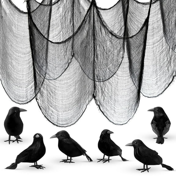 KatchOn, Halloween Creepy Cloth and Crows - Pack of 7 | Black Spooky Cloth 72X30 Inch, Realistic Black Feathered Crows | Halloween Crows and Raven Decorations | Halloween Black Birds Decorations