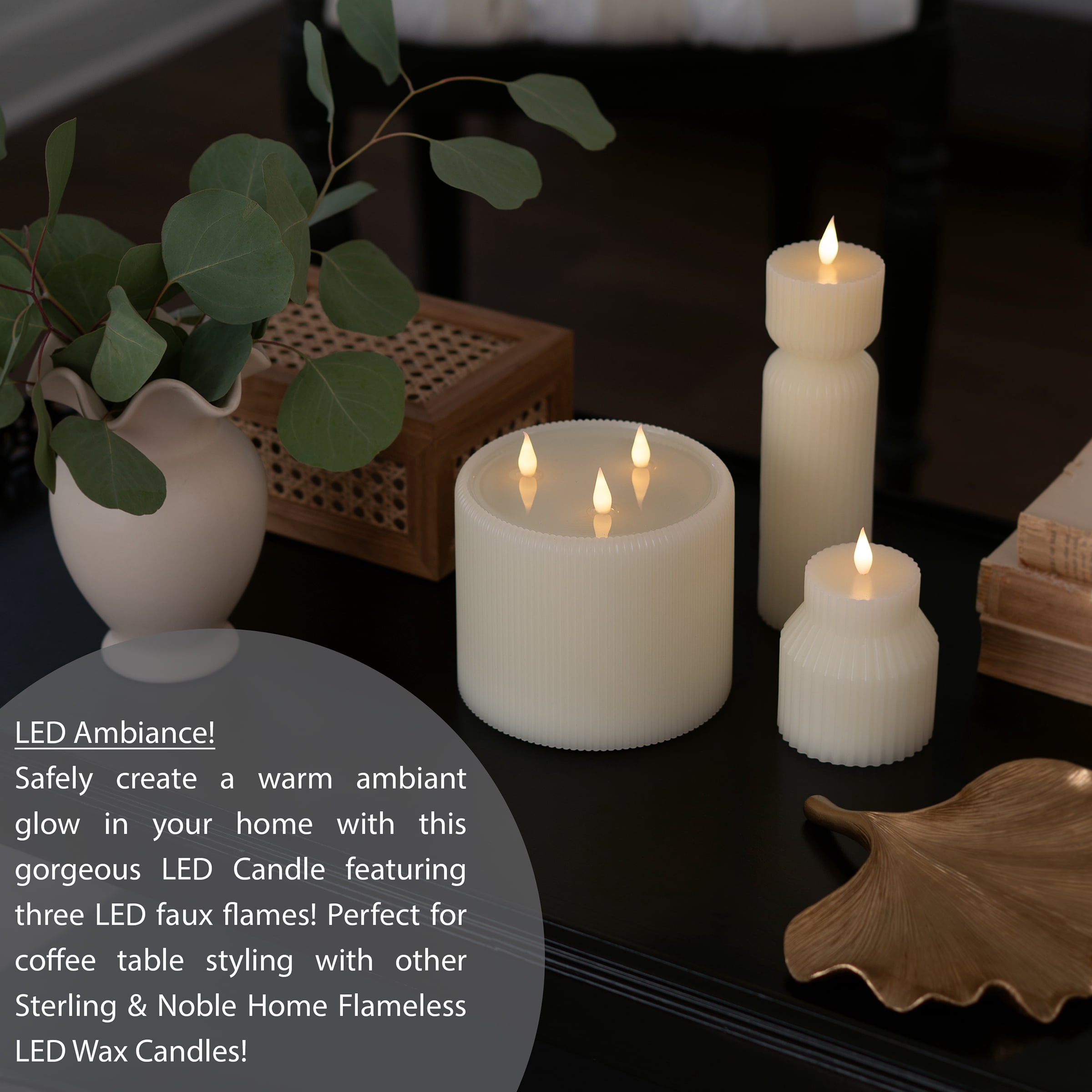 Home Decor Collection Fluted Large 3 Wick LED Flameless Candle