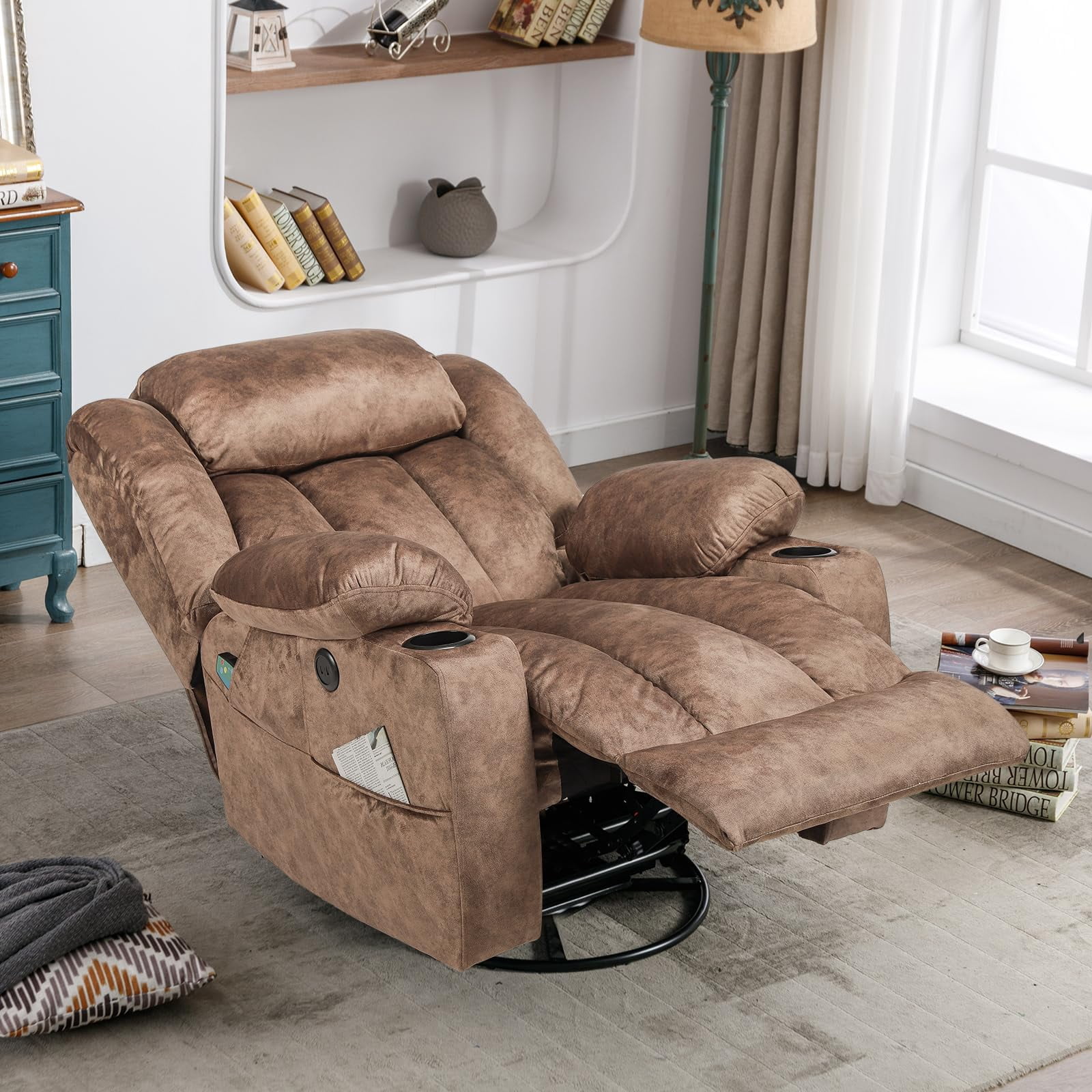 Manual Swivel Glider Rocker Recliner Chair with Heated Massage, 360° Swivel Overstuffed Lounge Chair with 2 Cup Holders, Side Pockets & USB Ports for Living Room, Fabric Brown