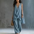 thumbnail image 2 of Women's Solid Stand Collar Sleeveless Draped Top Loose Harem Pants 2 Piece Outfit, Casual Beach Vacation Matching Set Sky Blue XL(XL), 2 of 7