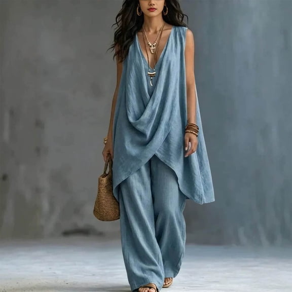 Two Piece Sets for Women Cotton Linen Vacation Travel Outfits Solid Color Sleeveless Stand Up Collar Temperament Topss and Loose Pants Set Summer Casual Fashion Outfits