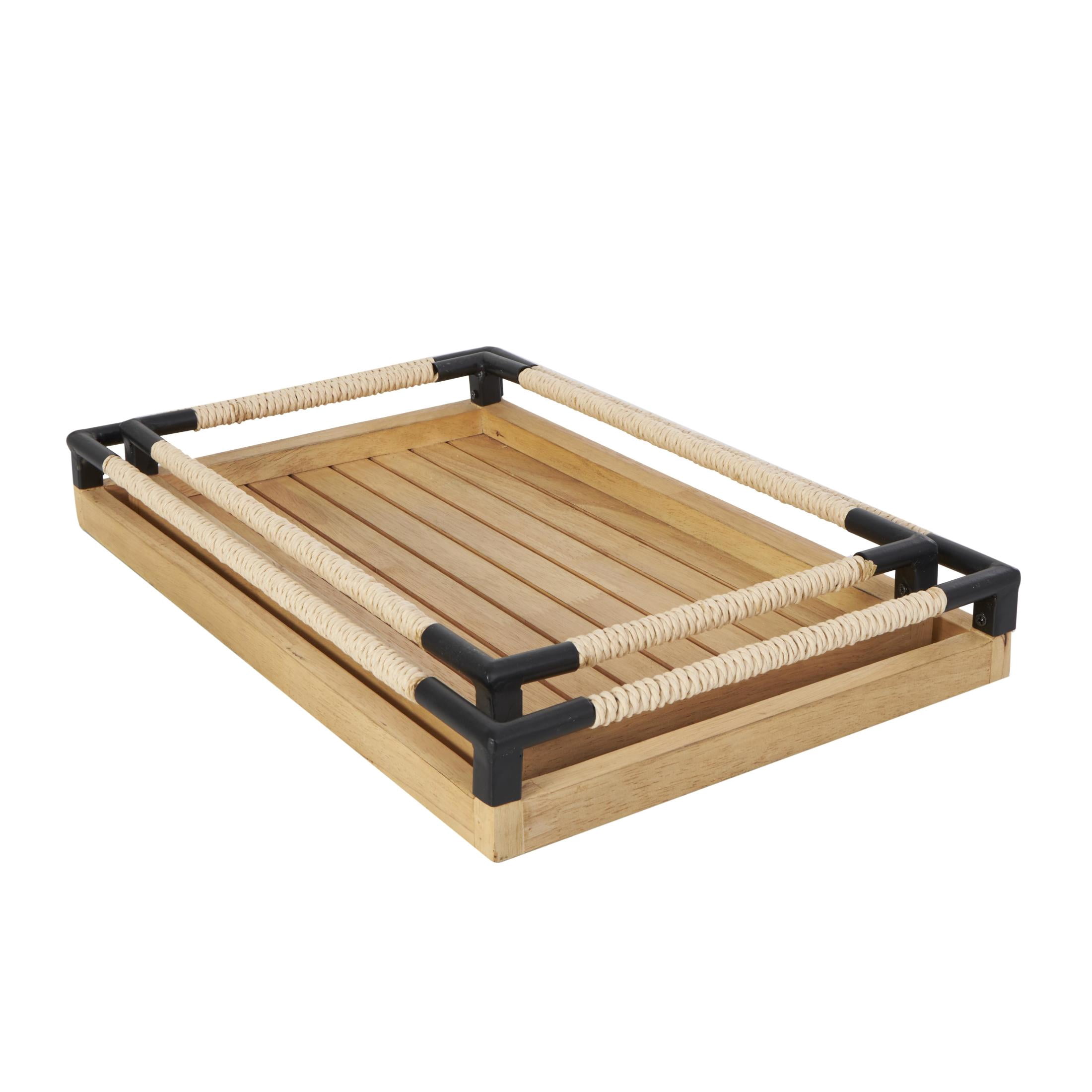 DecMode 19", 16"W Brown Wood Slatted Tray with Elevated Woven Sides and Black Metal Corners, 2-Pieces