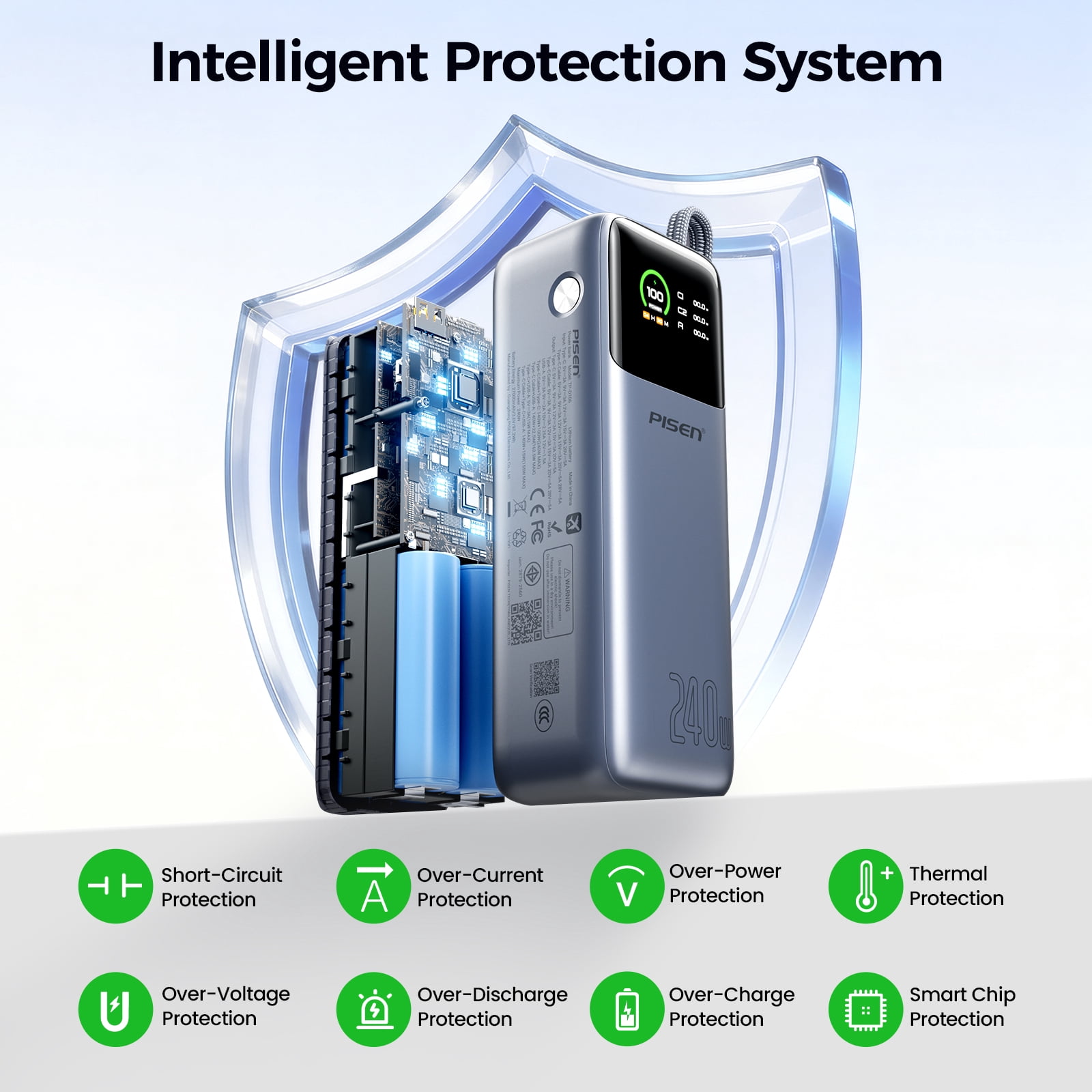 PISEN 3C Certified Power Bank, 27000mAh 240W Power Bank with Built in Cable, Travel Battery Pack Portable 3C Charger with LED Display, Portable Charger with Built in Cable for iPhone, Samsung and mor