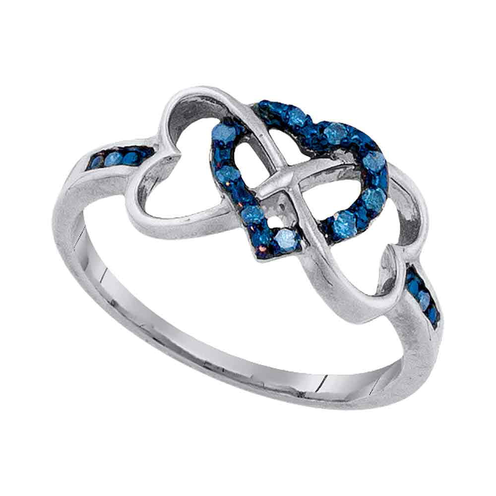 Size 7 - 10k White Gold Round Blue Diamond Triple Trinity Heart Ring (1 ...