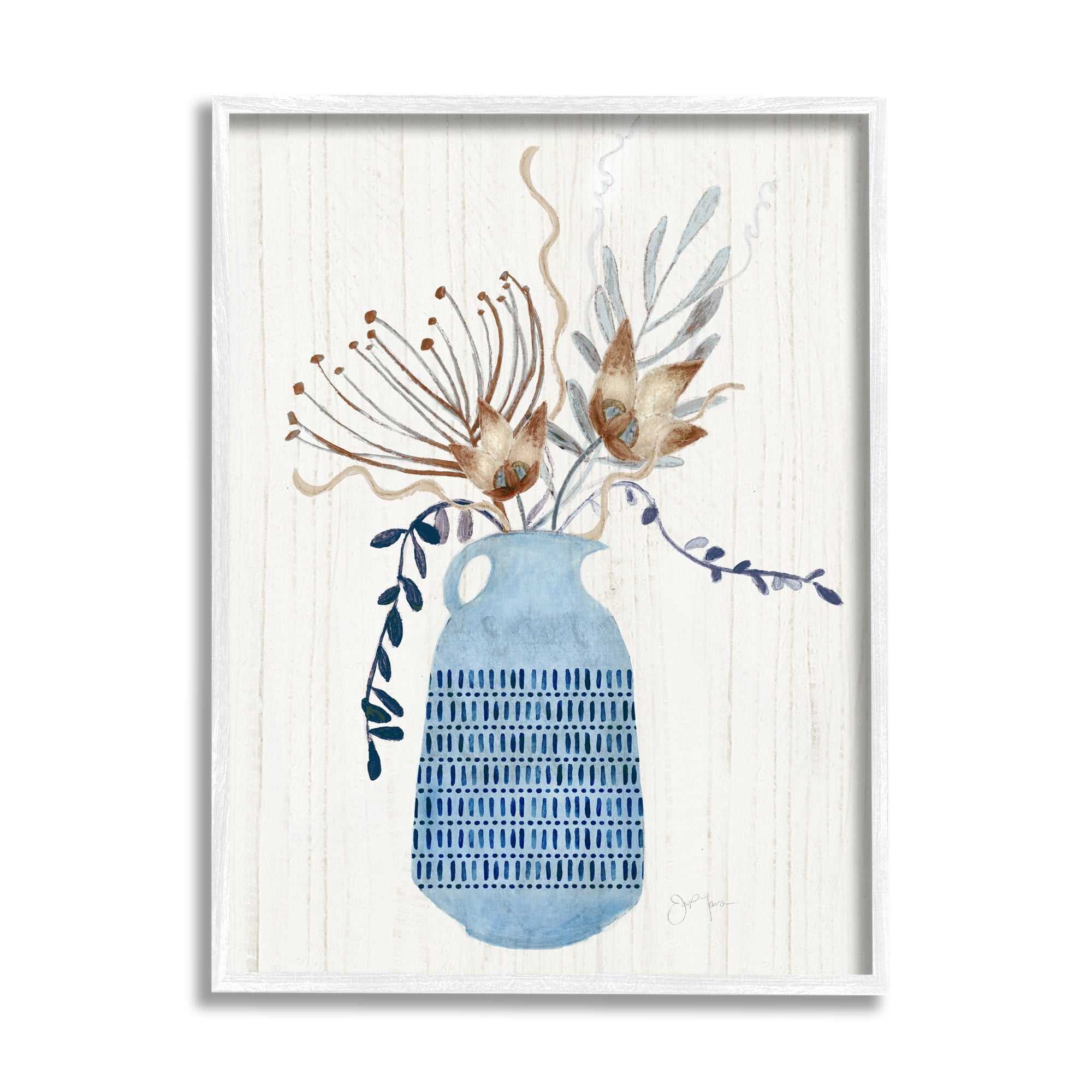 Stupell Industries Pleasant Blue Vase Boho Flowers Botanicals Arrangement Graphic Art White Framed Art Print Wall Art, Design by Tava Studios