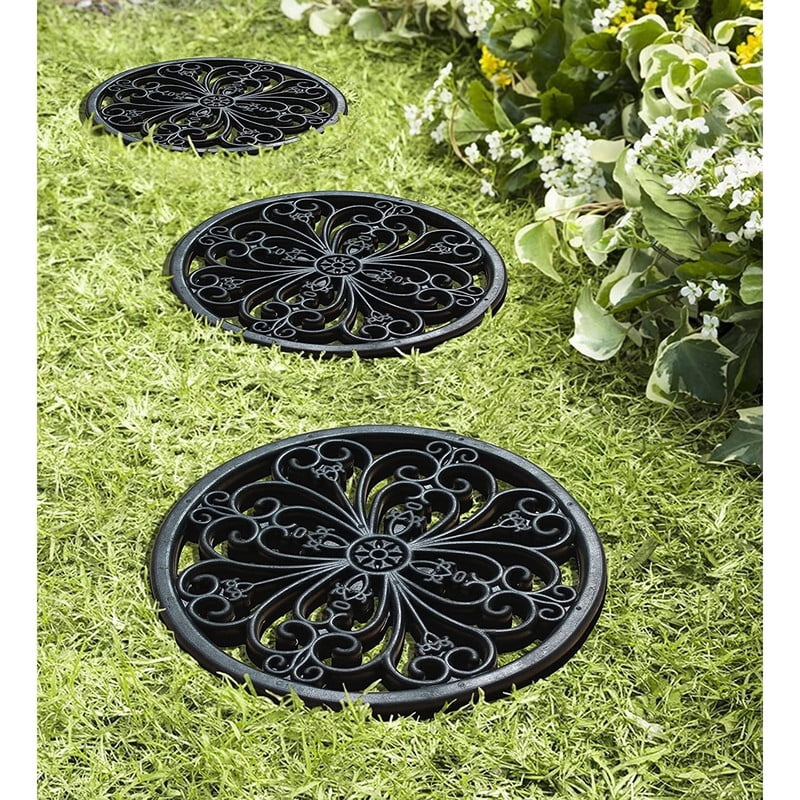 A1 Home Collections Multi Functional-Garden Stepping Stone Mat Round, Natural Rubber Heavy-Duty Beautiful Hand Finished Design 12"X12" Set of 4, Classic Paisley Black