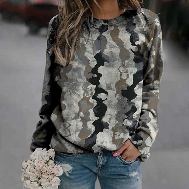 Pntutb Grande Taille Liquidation! Sweatshirts Décontractés pour Femmes Imprimé Thermique Col Rond Manches Longues T-Shirts Amples