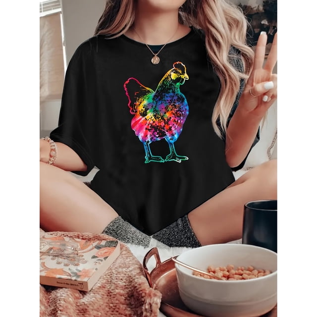 Camiseta de mujer verano Patrón de Corazón cuello redondoWomen's Fashion Cartoon Colorful Chicken Printed T-shirt, Simple Casual Round Neck Comfortable T-shirt, Women's Casual Sports Outdoor T-shirt