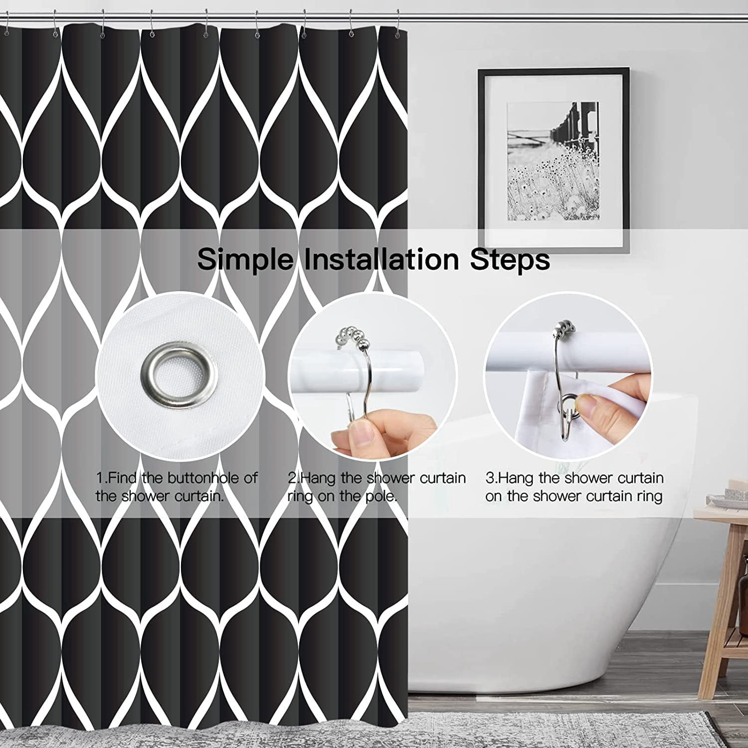 Black Fabric 72 x 72 Inch Cloth Shower Curtain, Waterproof Design and Polyester, Quick-Drying, Heavy Duty Shower Curtains Set for Bathroom, Durable and Washable with 12 Metal Hooks