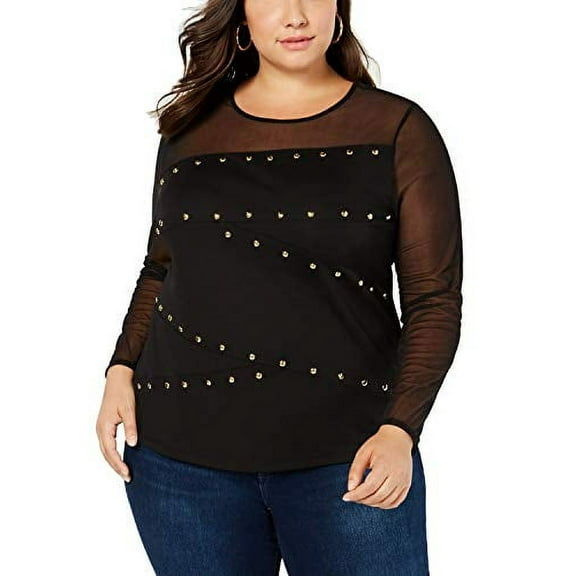 INC Plus Size Embellished Illusion Top Womens shirt MSRP $91 Black 1X