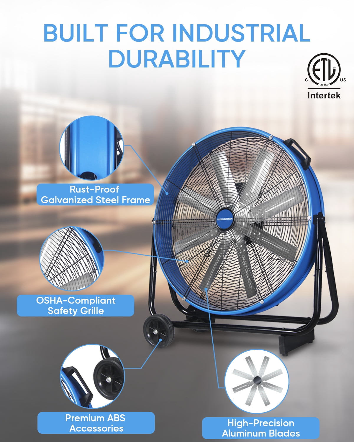 KEN BROWN 24 Inch Industrial Drum Fan, 9500 CFM, 3-Speed, 360° Tilt, Heavy Duty High Velocity for Shop Gym Garage Commercial Use, Blue