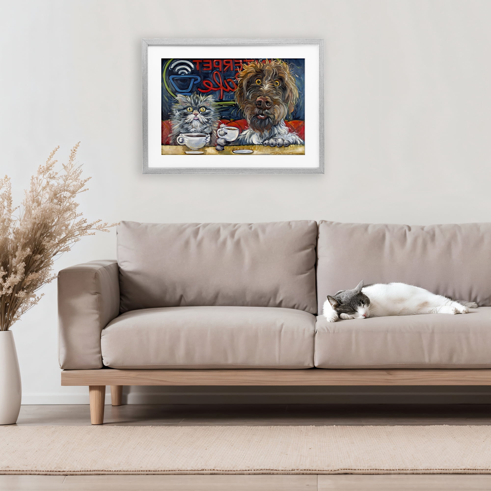 Stupell Industries Pets Wired At The Cafe Gray Framed Print Under Glass, design by CR Townsend