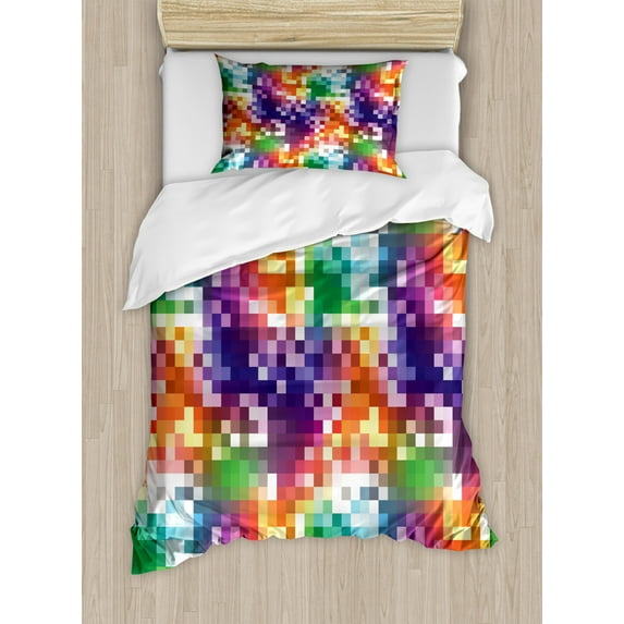 Colorful Duvet Cover Set Twin Size, Mosaic Rainbow Colored Checkered Squares Abstract Pixel Art Inspired Illustration, Decorative 2 Piece Bedding Set with 1 Pillow Sham, Multicolor, by Ambesonne