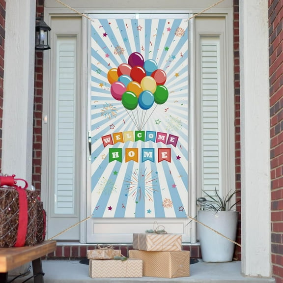 1 Pc Welcome Home Door Banner Balloon Fireworks Patterns Door Backdrops Patriotic Military Homecoming Army Deployment Returning Back Party Supplies 35.4x72.8 inch(90x185cm)